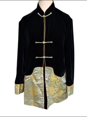 Vintage Silk Black Velvet Mandarin Collar Jacket Old Shanghai Soft Victorian Lg